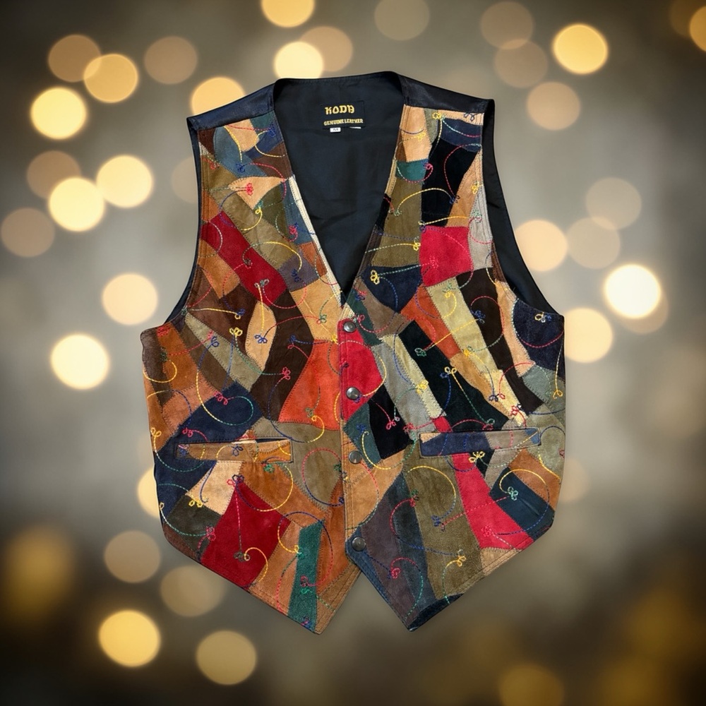 Vint Koda Patchwork Vest Genuine Suede Leather Embroidered Men Size M Colorful
